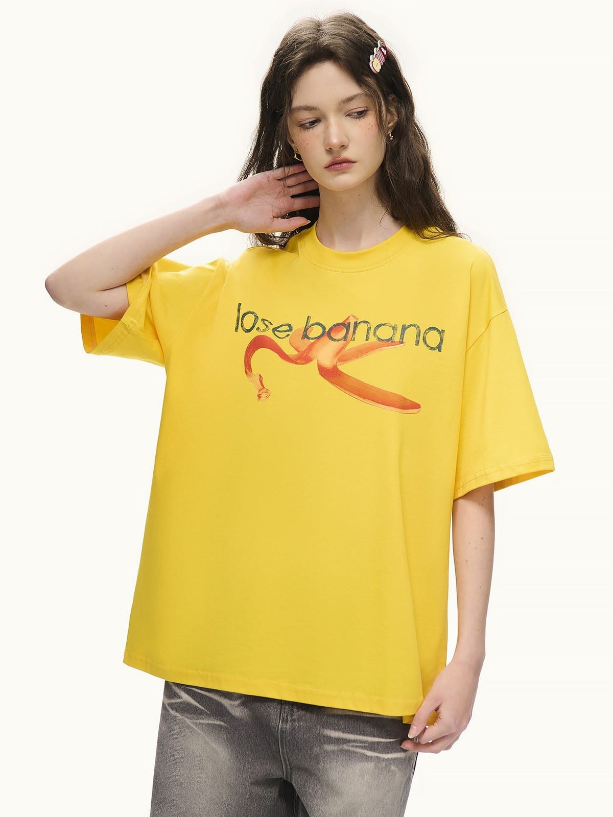 LOSTCTRL Distressed Banana Print Sorona T Shirt in Yellow - On Female Model