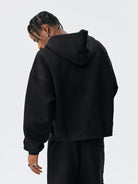 MEDM Embroidered Cotton Blend Zip Up Hoodie in Black - On Male Model