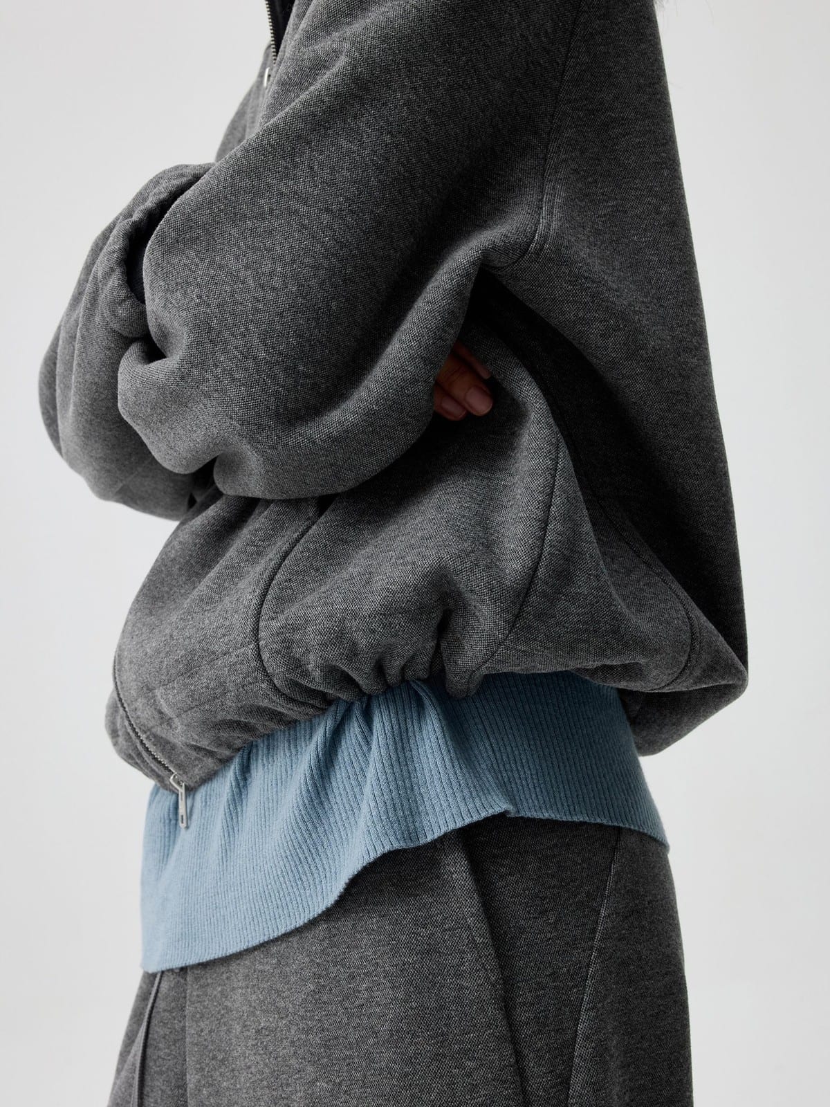 SIMPLE PROJECT Ruffled Adjustable Collar Zip Hoodie in Gray - On Model
