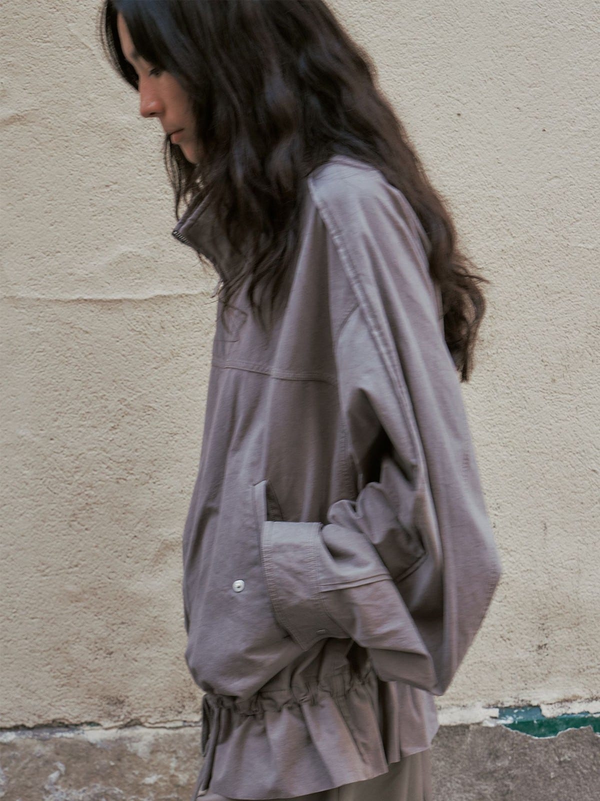 Random Piece Washed Cotton Drawstring Jacket in Beige - On Female Model