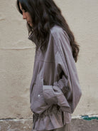 Random Piece Washed Cotton Drawstring Jacket in Beige - On Female Model