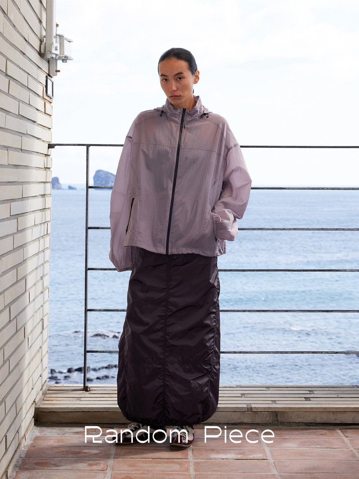 Random Piece Lightweight Cropped Hooded Nylon Jacket in Lavender - On Female Model