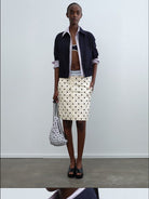 RARELY ALIKE Mock Layer Striped Cropped Jacket in Navy Blue - On Female Model