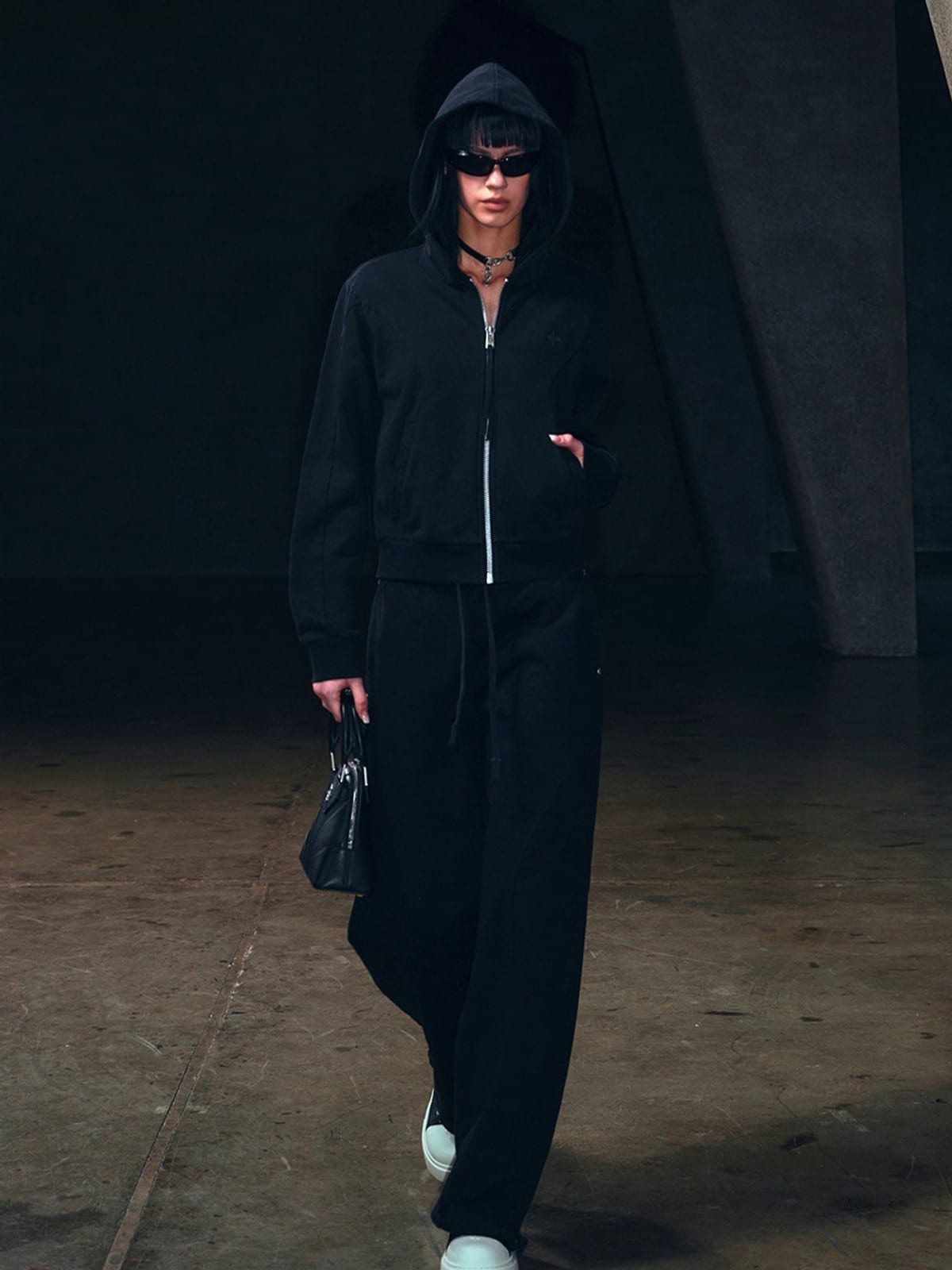 SMFK Curved Seam Cotton Joggers in Black - On Female Model