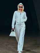 SMFK Embroidered Cropped Zip Up Hoodie in White - On Female Model