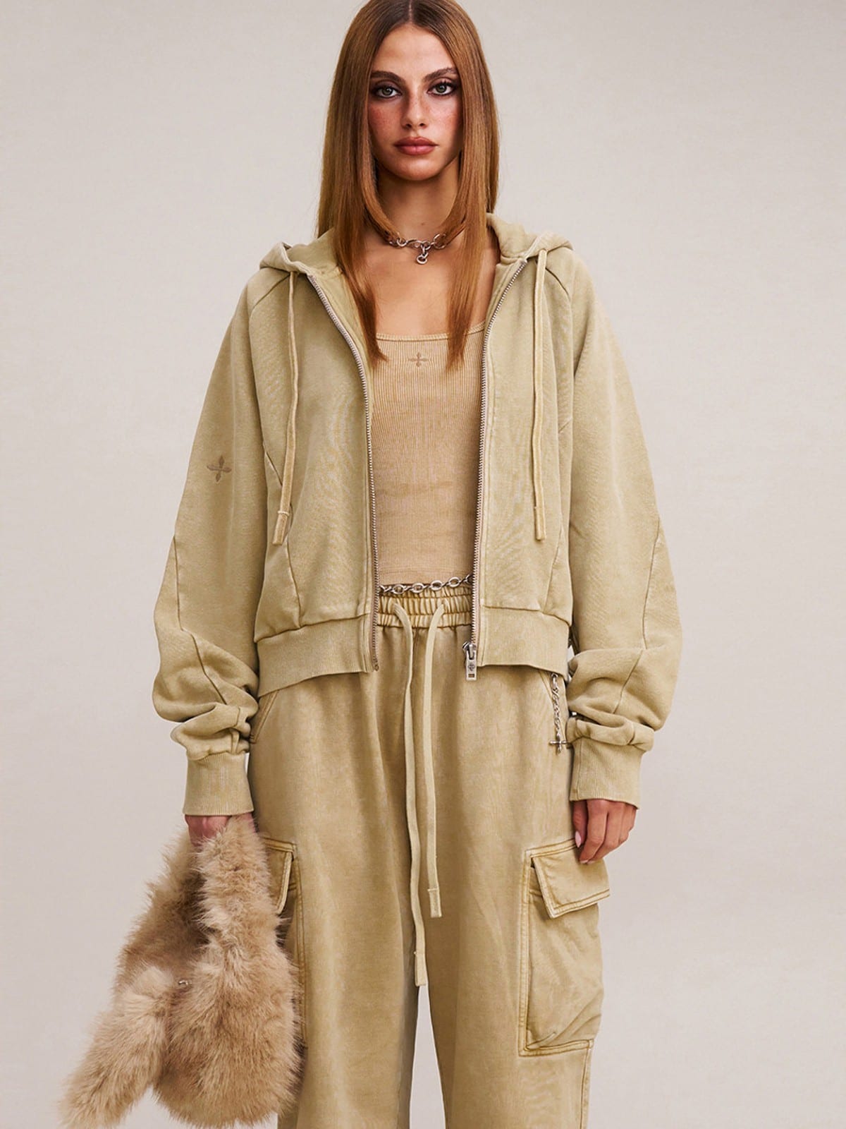 SMFK Garment Dyed Cotton Zip Up Hoodie in Beige - On Female Model