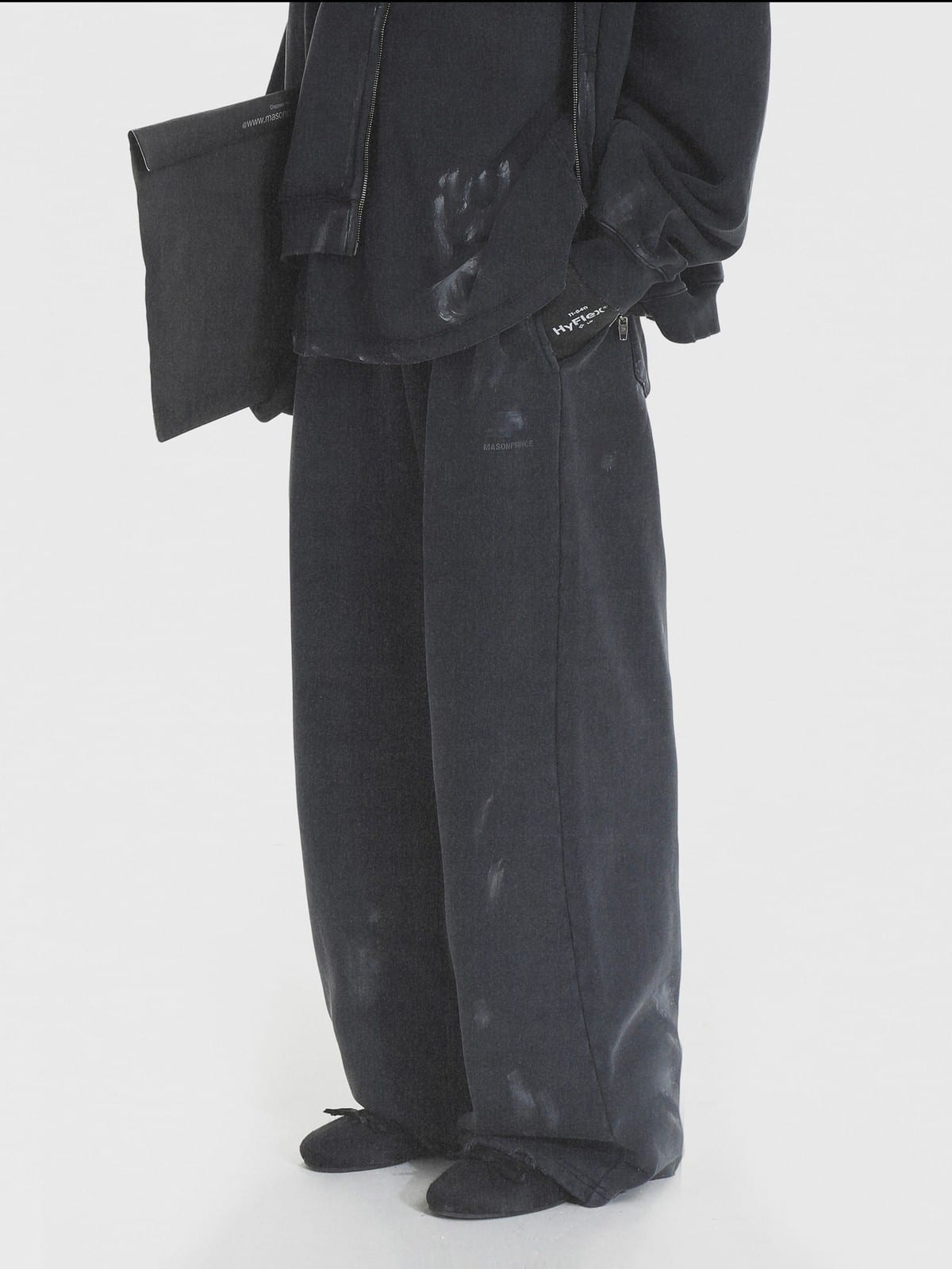 MASONPRINCE Distressed Painted Zip Up Hoodie in Charcoal - On Model