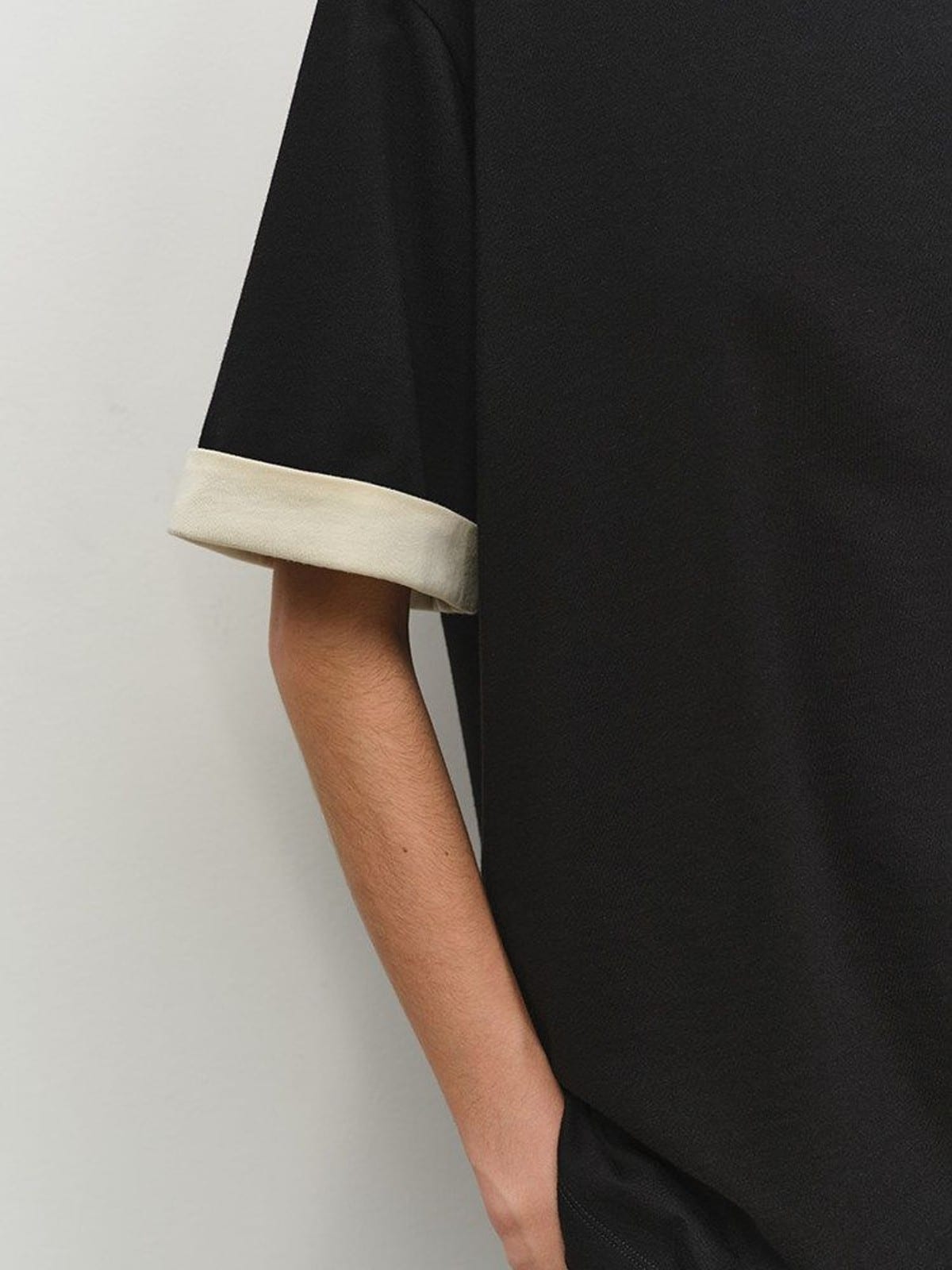 MSBEAST Color Block Cuff Cotton Blend T Shirt in Black - On Model