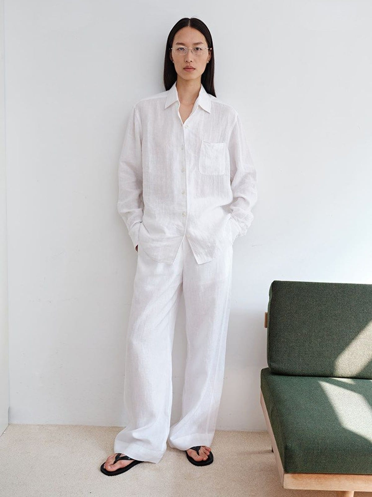 MSBEAST Linen Button Up Shirt Shorts Set in White - On Female Model