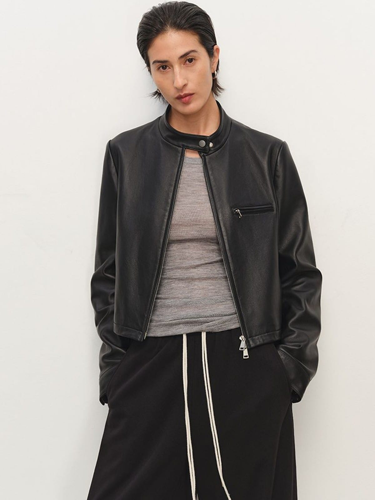 MSBEAST Suede Leather Cropped Moto Jacket in Black - On Female Model