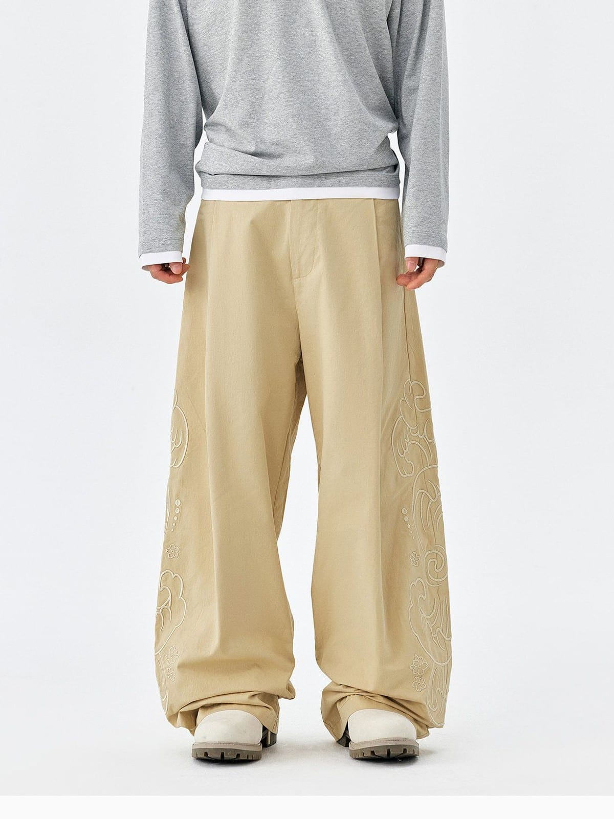 MEDM Embroidered Cotton Cargo Pants in Beige - On Model