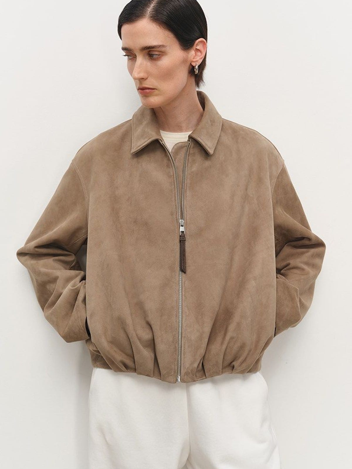 MSBEAST Gathered Hem Sheep Leather Jacket in Beige - On Female Model