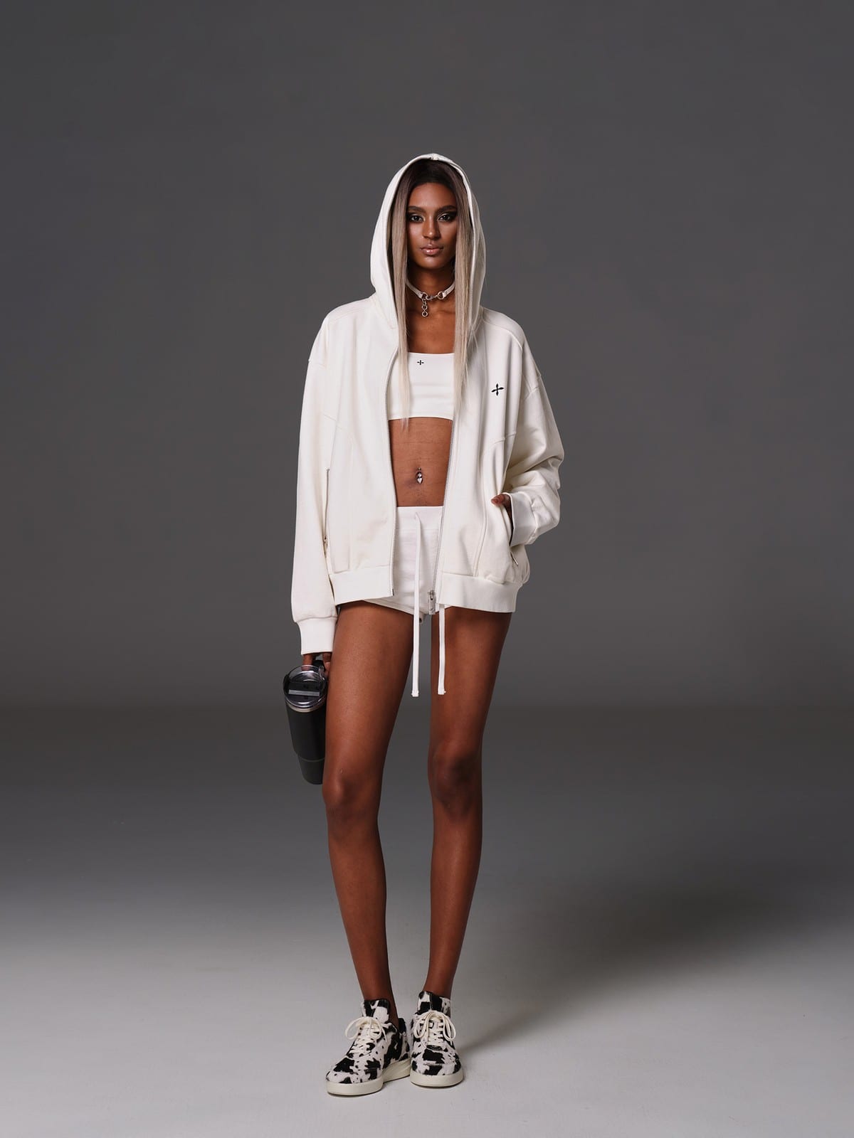 SMFK Cotton Wool Oversized Zip Up Hoodie in White - On Female Model