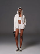 SMFK Cotton Wool Oversized Zip Up Hoodie in White - On Female Model