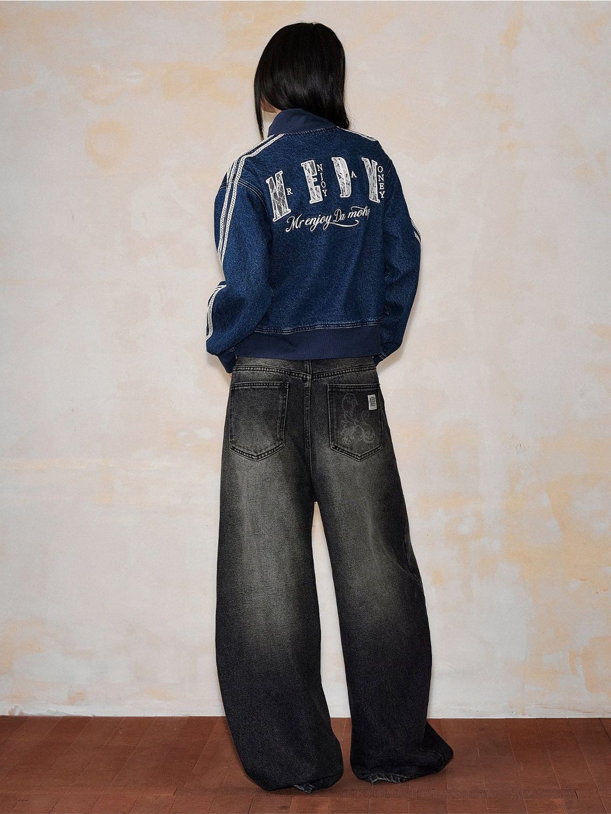 MEDM Lace Trim Stand Collar Denim Jacket in Denim - On Model