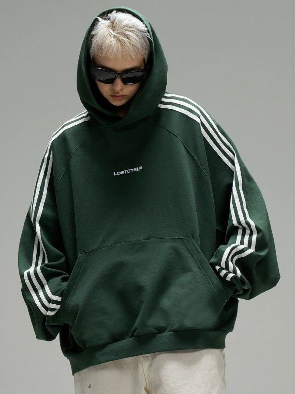 LOSTCTRL Three Stripe Cotton Hoodie in Green - On Female Model