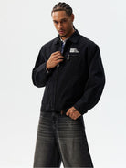 MEDM Washed Cotton Detroit Zip Up Jacket in Black - On Male Model