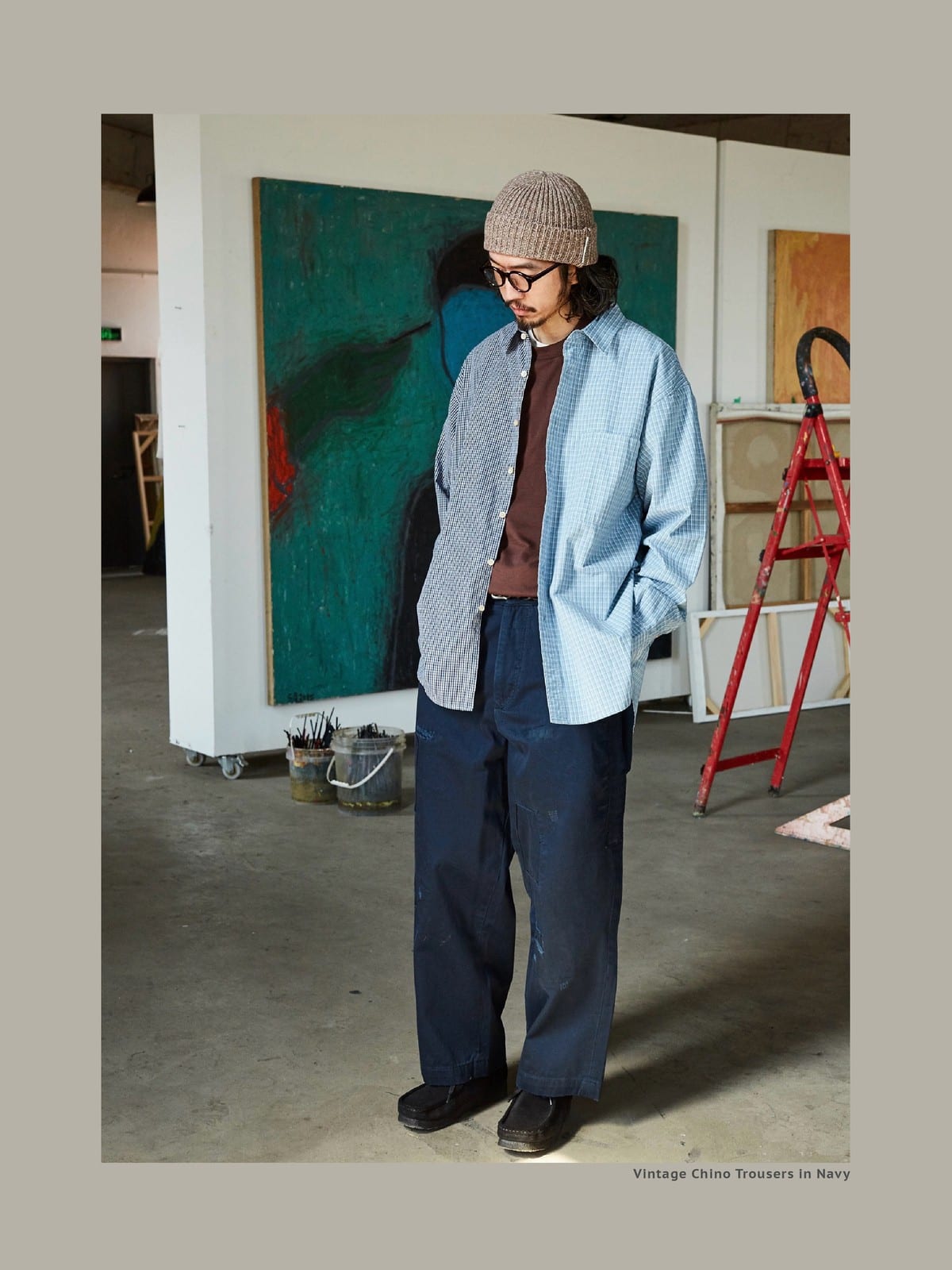 USAGE Hand Distressed Patched Chinos in Navy Blue - On Male Model