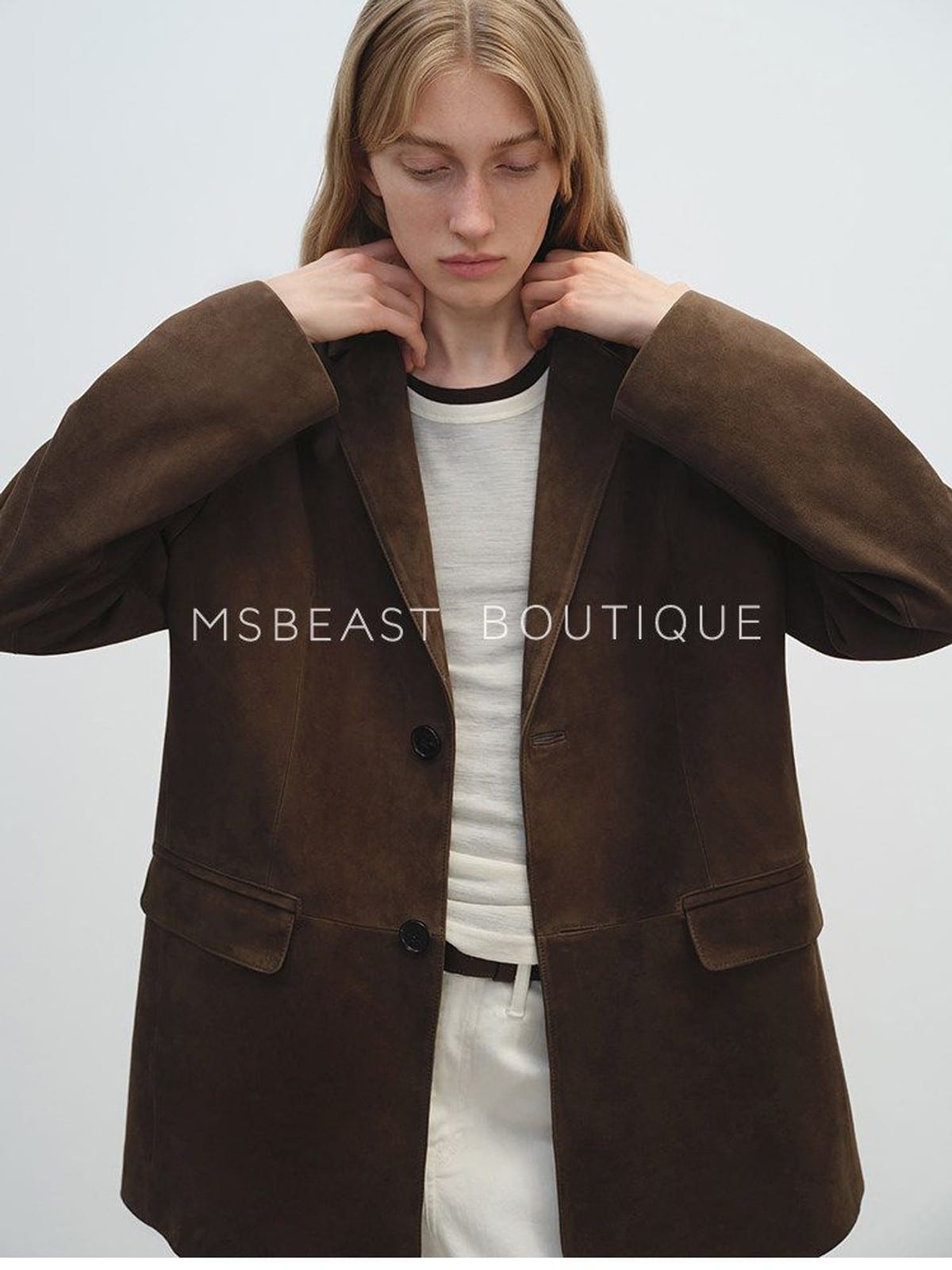 MSBEAST Oversized Sheepskin Suede Blazer in Brown - On Female Model