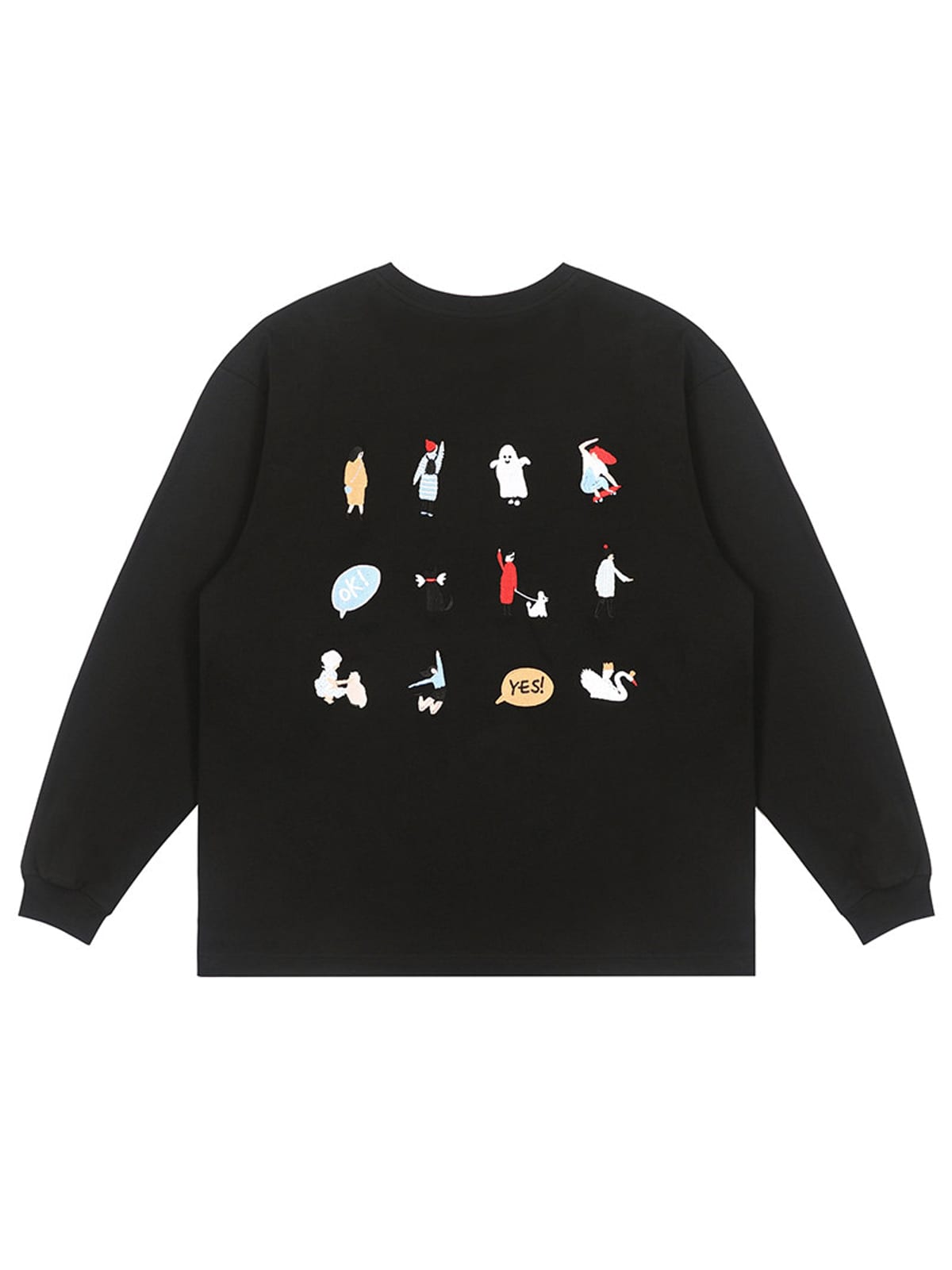 LOSTCTRL Embroidered Long Sleeve Cotton T Shirt in Black