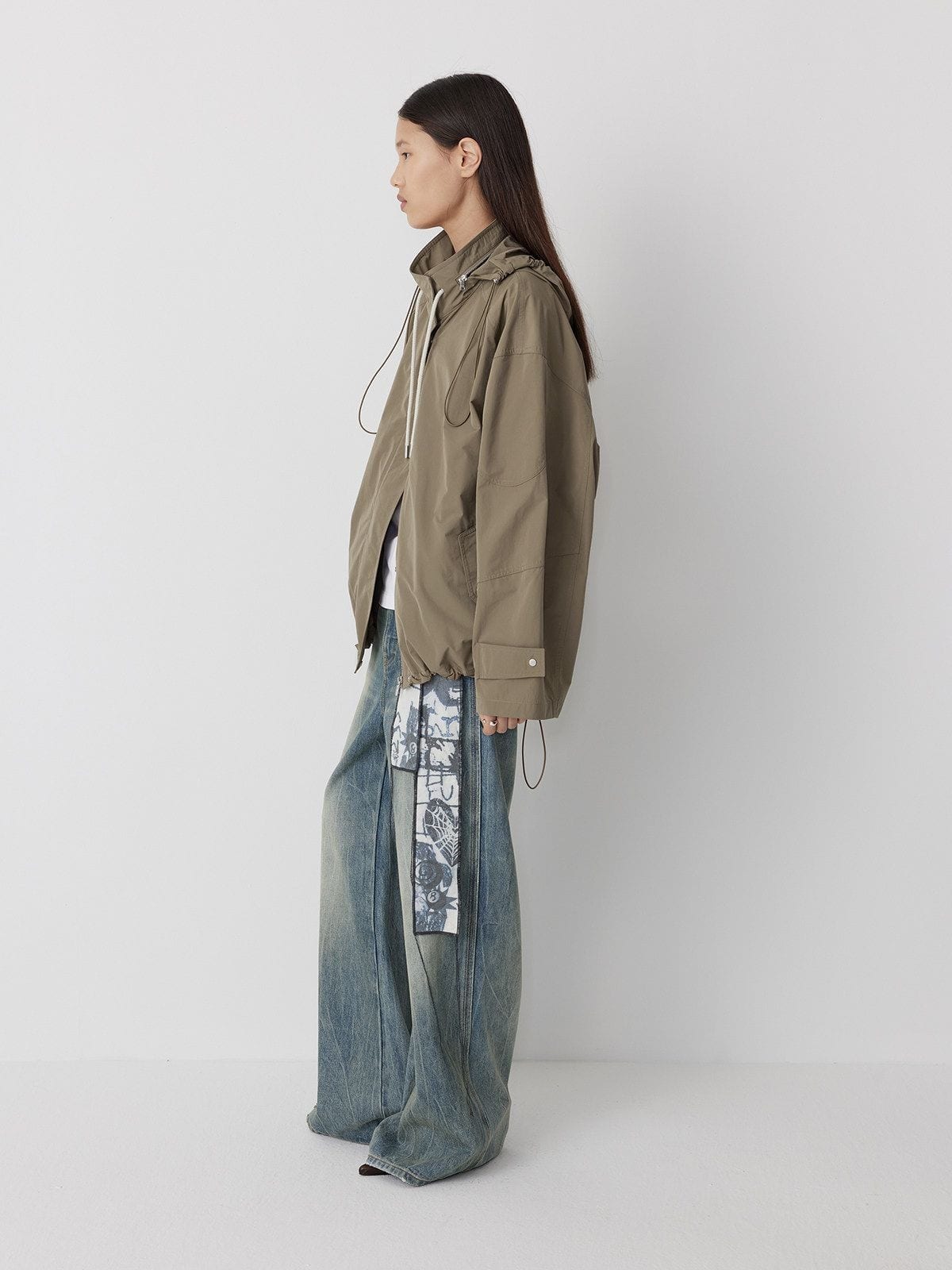 Random Piece Triacetate Blend Jacket With Stowable Hood in Beige - On Female Model