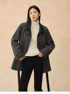 TEASEL Wool Plaid Barn Jacket with Fur Collar in Gray - On Female Model