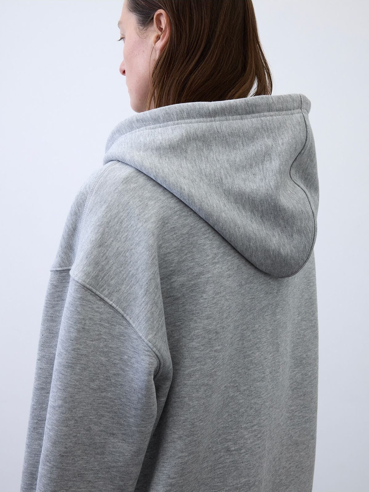 Random Piece Cotton Lyocell Zip Up Hoodie in Gray - On Female Model