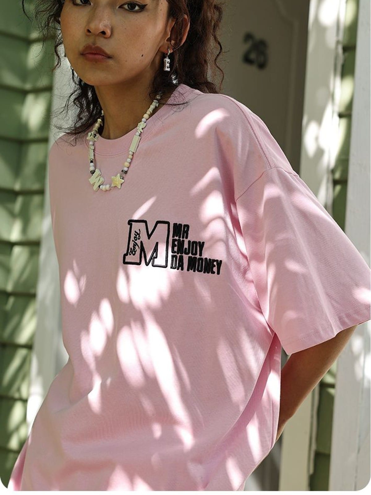 MEDM Half Sleeve Cotton Logo T Shirt in Pink - On Female Model