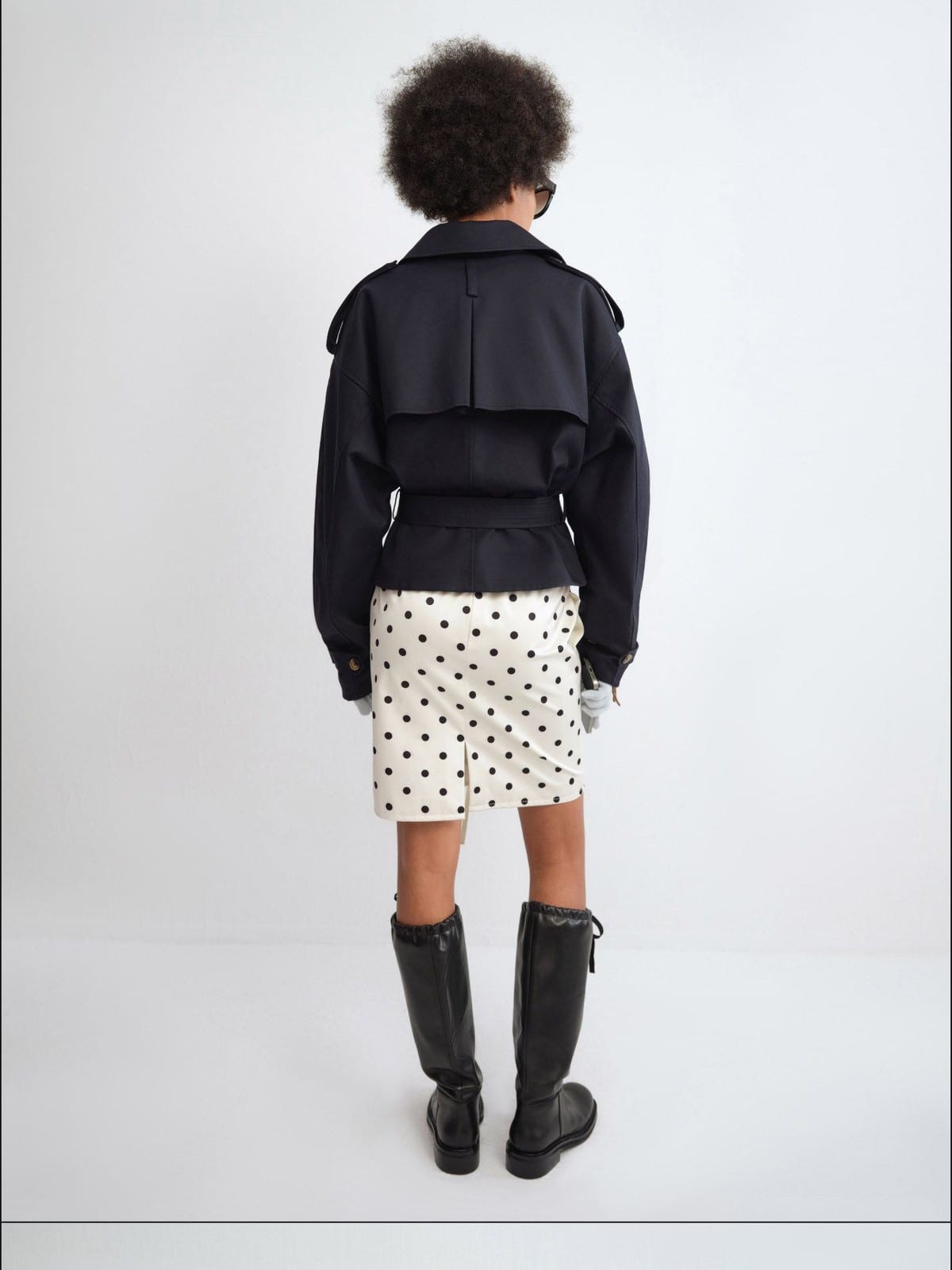 RARELY ALIKE Belted Cropped Trench Jacket in Navy Blue - On Model