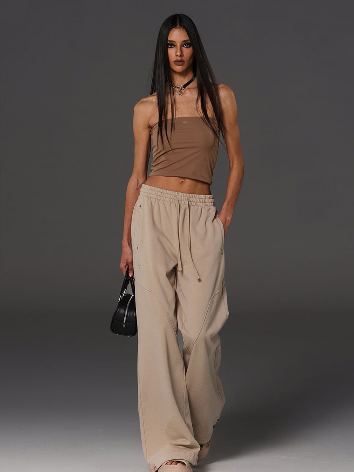 SMFK Cotton Wool Flared Sweatpants in Beige - On Female Model