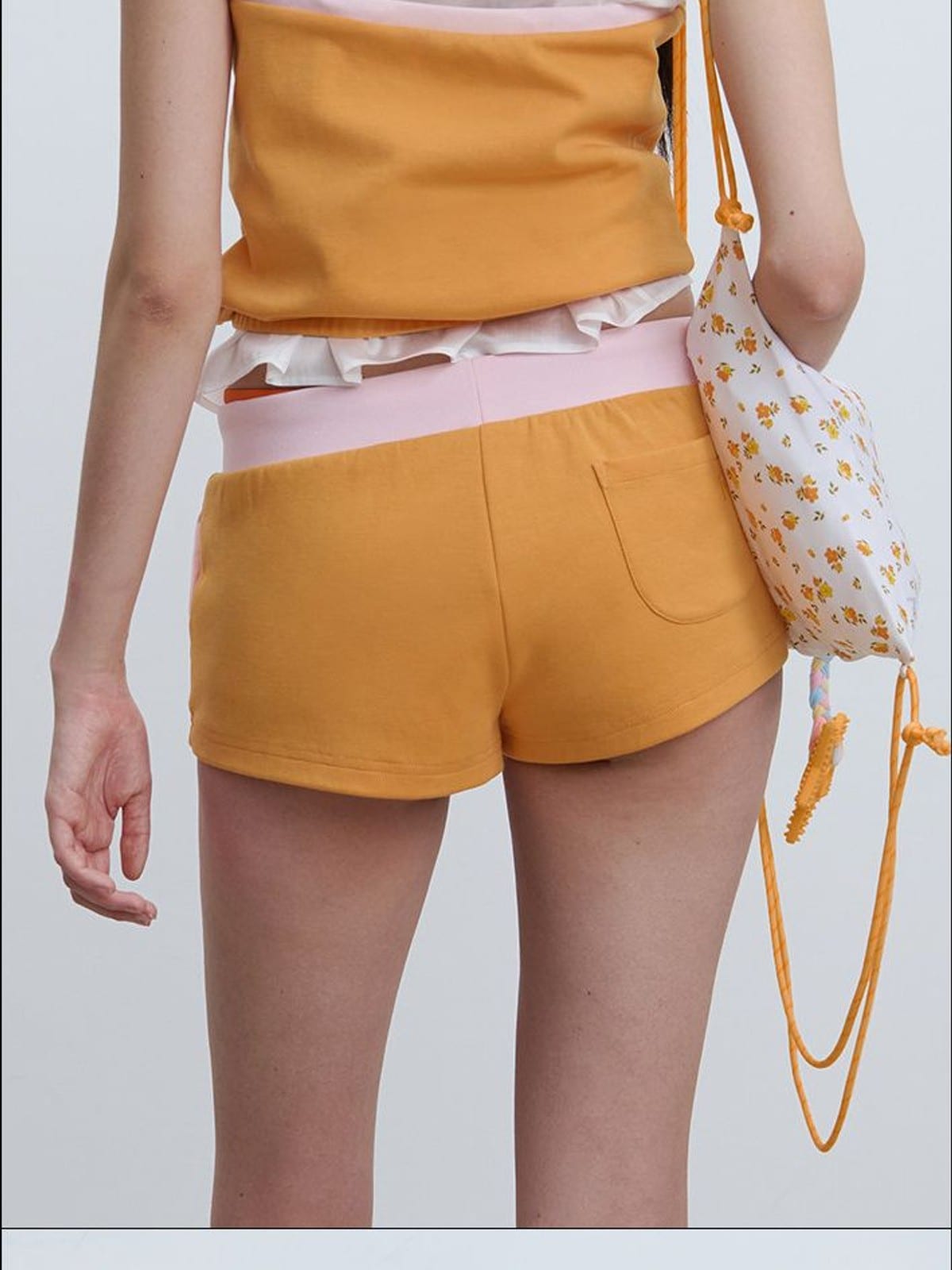 RARELY ALIKE Color Block Cotton Blend Sweatshorts in Orange - On Female Model