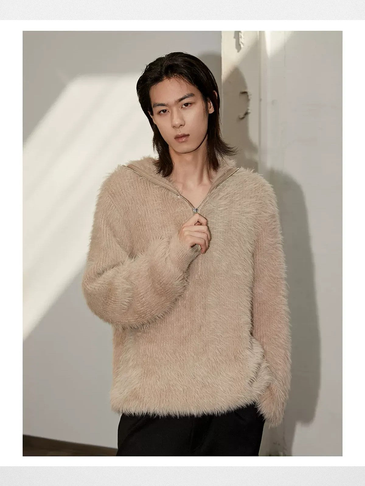 Y OFFICIAL Faux Mink Half Zip Hoodie in Beige - On Male Model