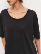 MSBEAST Melange Wool Linen Scoop Neck T Shirt in Black - On Female Model