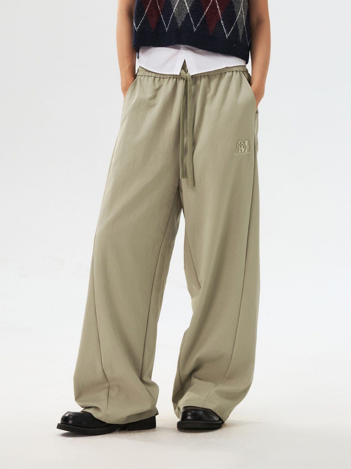 MEDM Spliced Drawstring Wide Leg Trousers in Beige - On Model