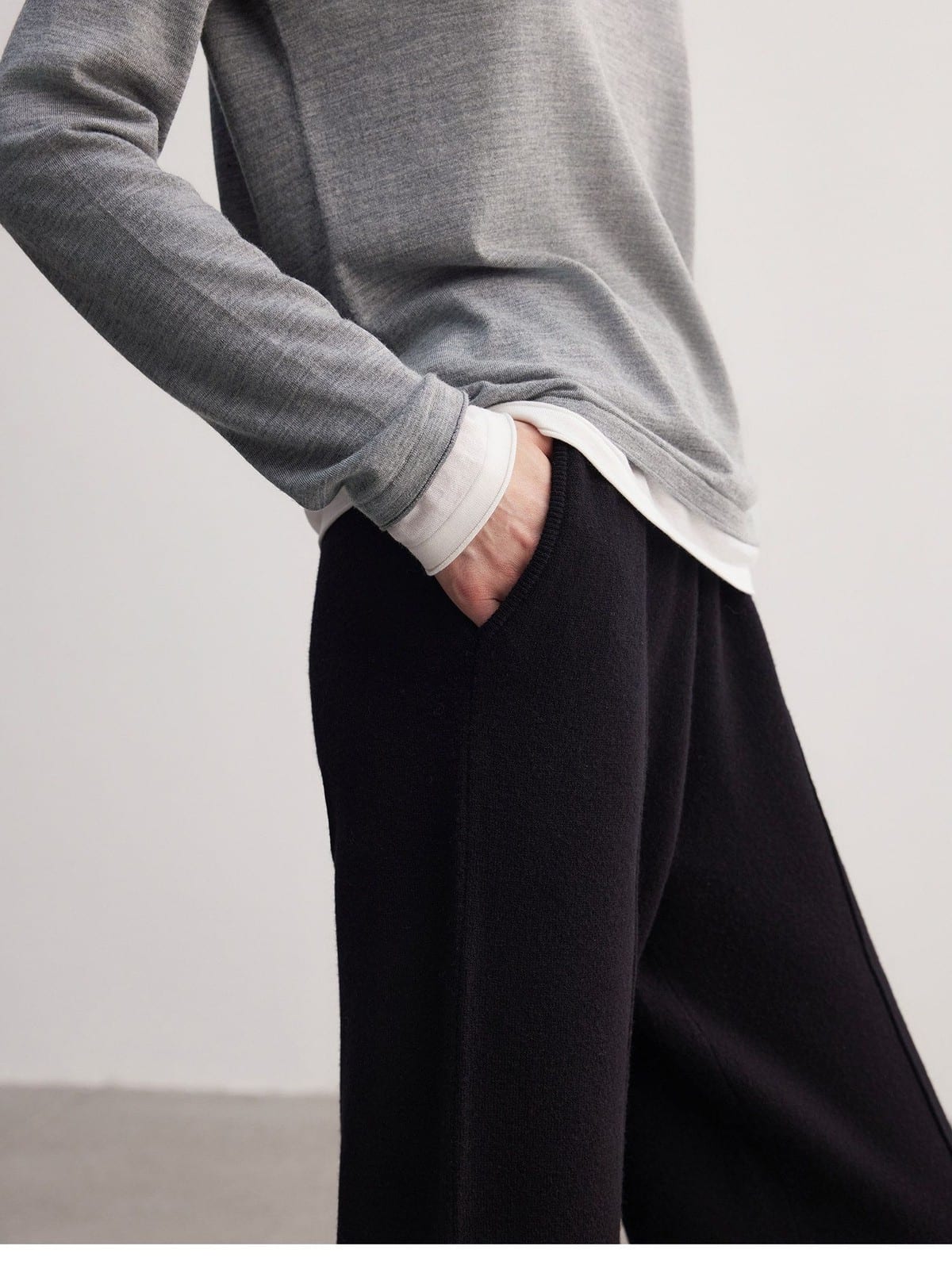 MSBEAST Biella Merino Wool Wide Leg Pants in Black - On Model
