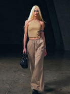 SMFK Wide Leg Cotton Cargo Sweatpants in Beige - On Female Model