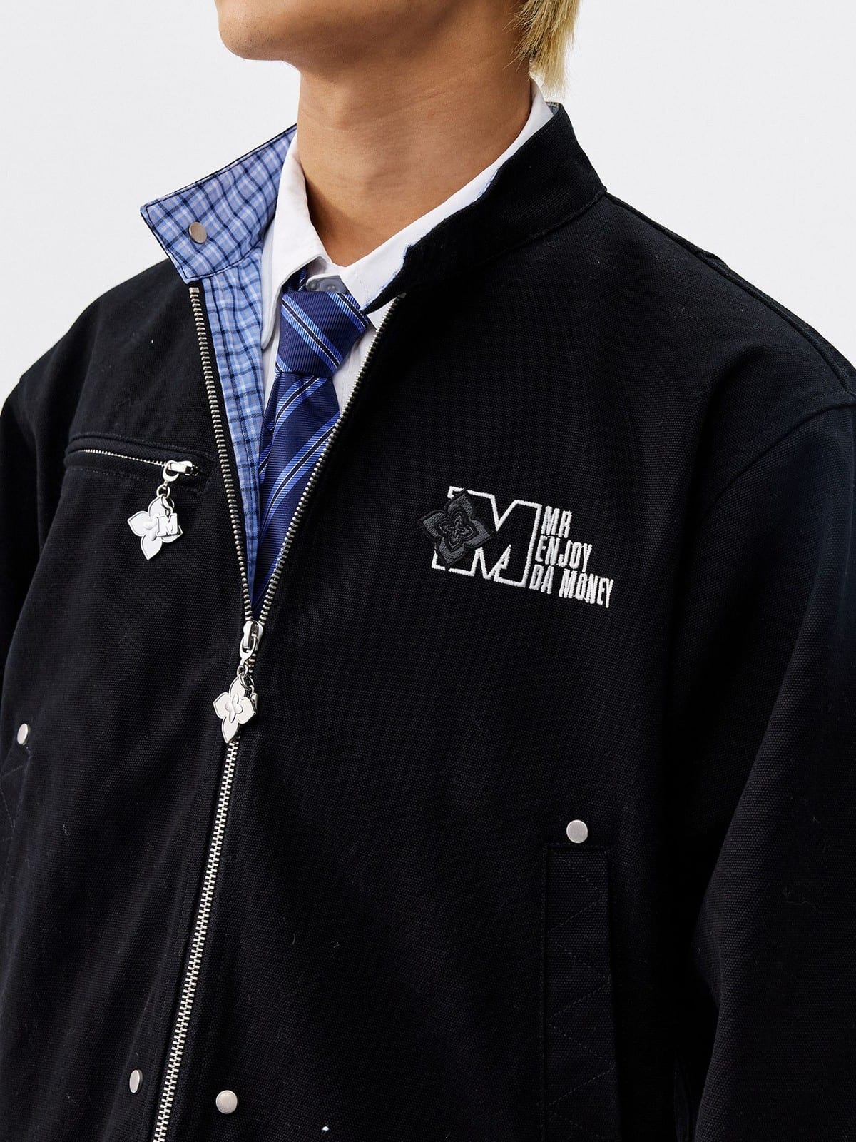 MEDM Plaid Collar Cotton Zip Up Jacket in Black - On Male Model