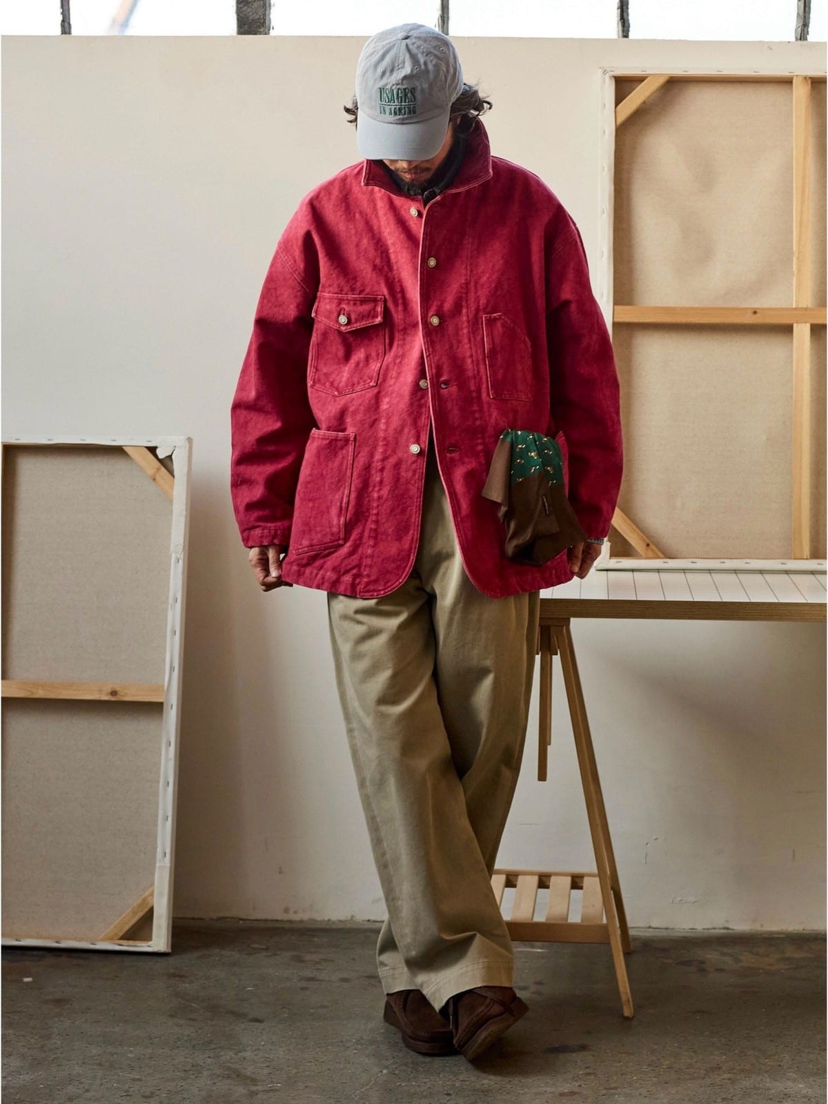 USAGE Washed Heavyweight Cotton Chore Jacket in Red - On Male Model