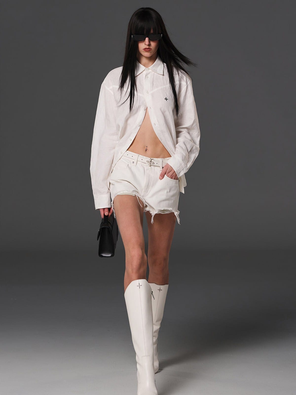 SMFK Long Sleeve Linen Button Down in White - On Female Model