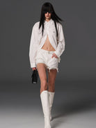 SMFK Long Sleeve Linen Button Down in White - On Female Model