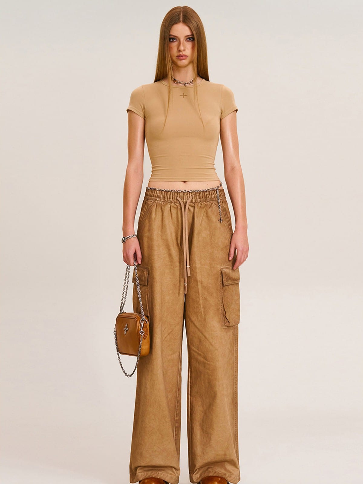 SMFK Short Sleeve Cropped T Shirt in Beige - On Female Model