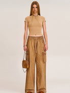 SMFK Short Sleeve Cropped T Shirt in Beige - On Female Model