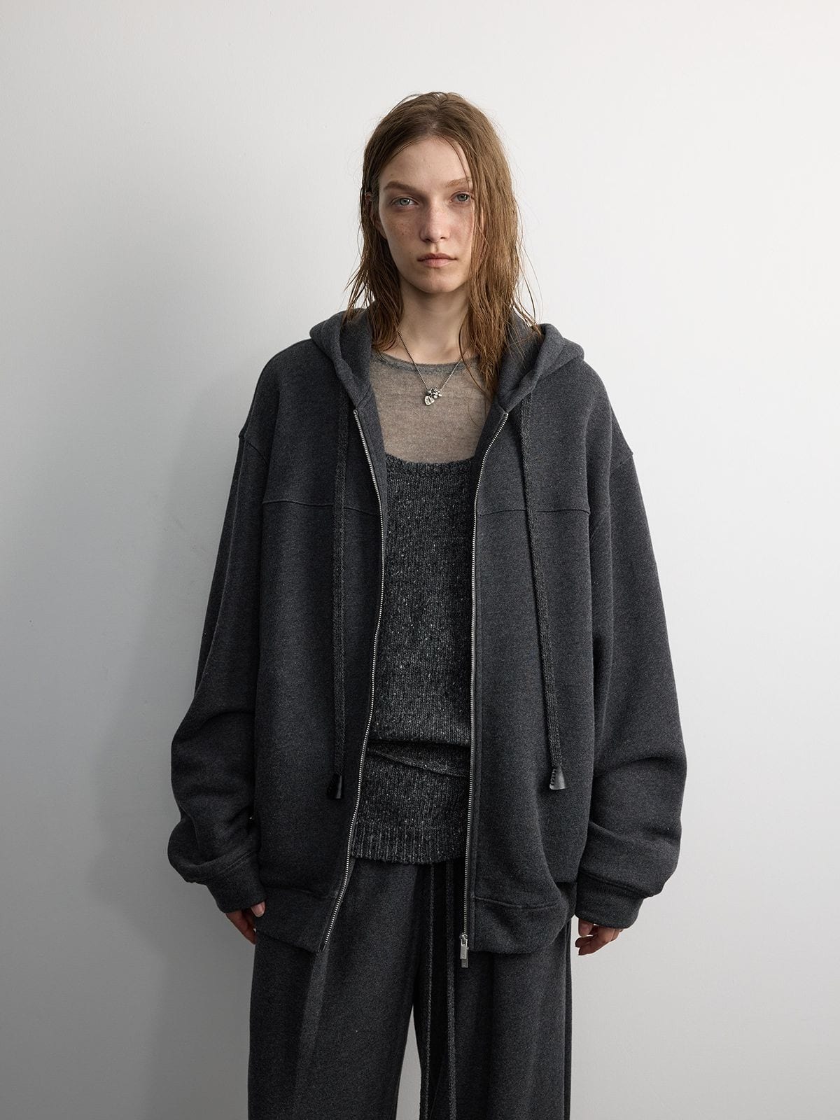 Random Piece Wool Blend Fleece Lined Zip Hoodie in Gray - On Female Model
