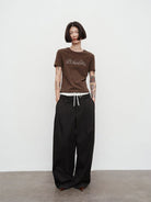Random Piece Contrast Print Lace Trim T Shirt in Brown - On Female Model