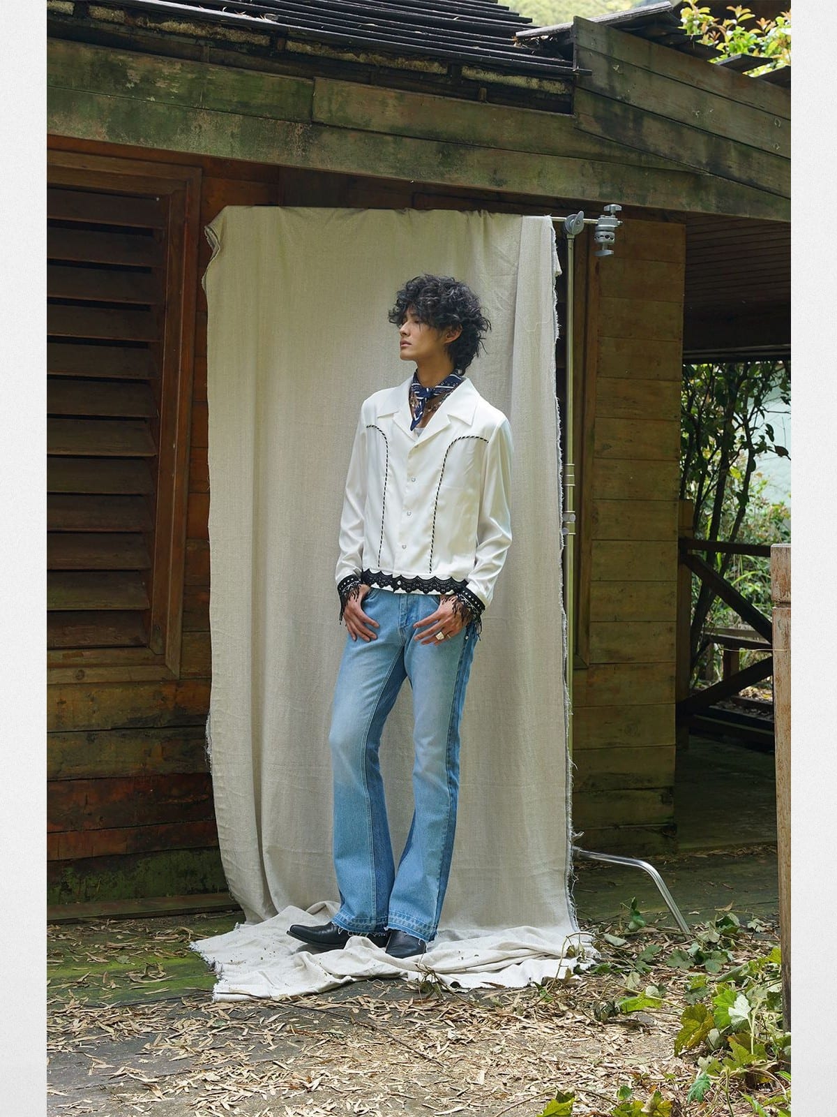 Retro21 Western Fringe Shirt Jacket in White - On Male Model