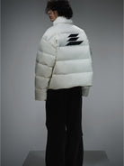 LOSTCTRL Minimalist Nylon Puffer Jacket in Cream - On Male Model