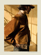 USAGE Reversible Velvet Leather Varsity Jacket in Beige - On Male Model