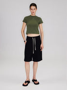 RARELY ALIKE Cropped Cotton Crew Neck T Shirt in Green - On Female Model
