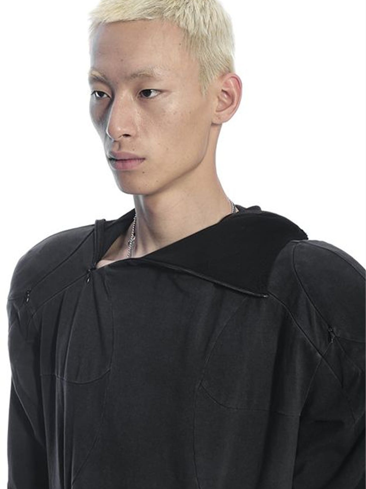 D5ove Hooded Shoulder Pad Pullover in Black - On Male Model