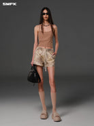 SMFK Cotton Blend Cargo Shorts in Beige - On Female Model